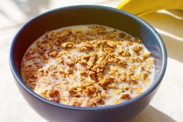 Granola Cereal and bananas, Healthy Breakfast, Coffee, Top view