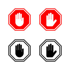Stop icons vector. stop road sign. hand stop sign and symbol. Do not enter stop red sign with hand