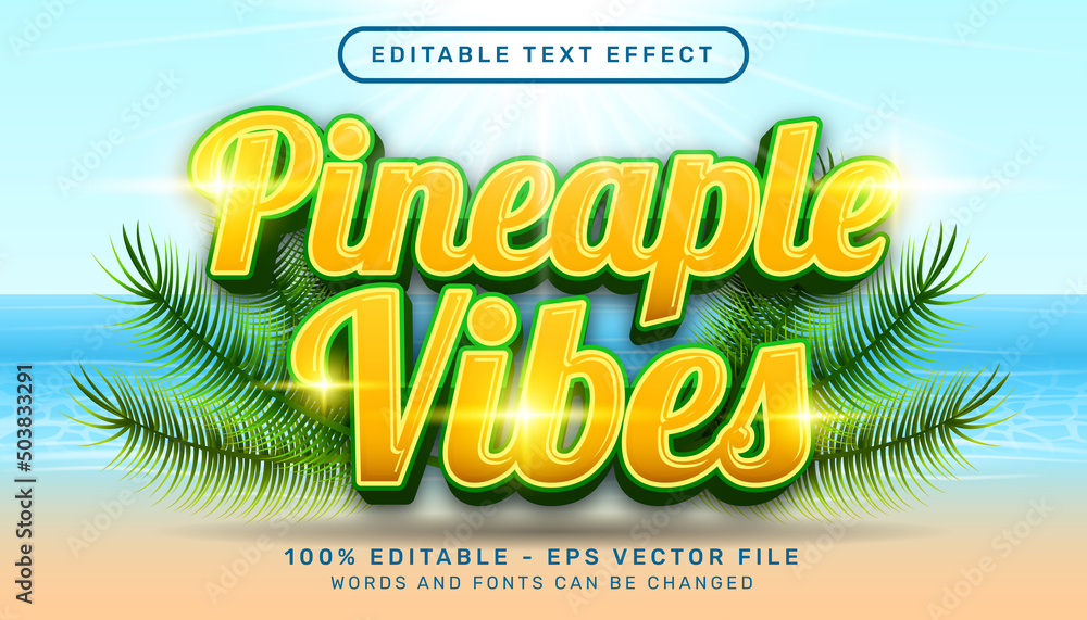 Poster pineapple vibes 3d editable text effect and sea landscape background
