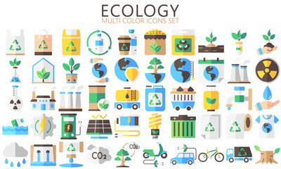 Ecology and Nature multi color Icons set. Contains such as Environment, Eco, Green Energy, Alternative Power, Bio Fuel, Recycle, Green Mindset, Water Drop and more. vector eps 10 ready convert to SVG.