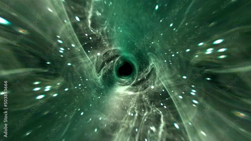 Poster space fly to grunge green cloud wormhole tunnel through space time vortex loop background. 4k 3d ren