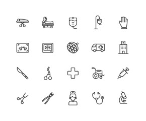 Hospital equipment linear icons. Set of patient, nurse symbols drawn with thin contour lines. Vector illustration.