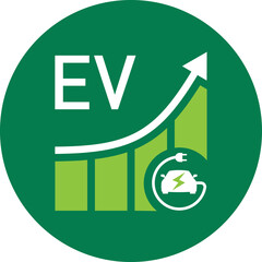 An electric car with a cable and an electric plug on the background of a growing graph. Electric transport. Symbols of green energy. Reducing environmental pollution
