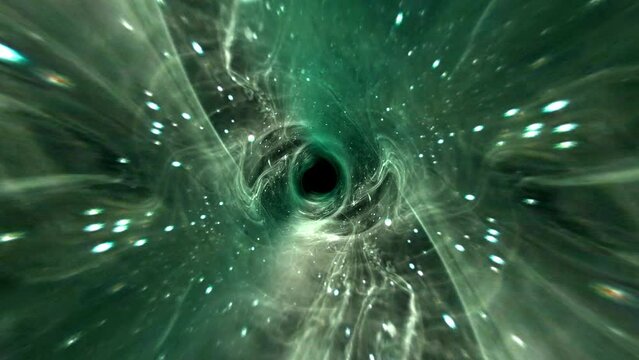 Space fly to grunge green cloud wormhole tunnel through space time vortex loop background. 4K 3D render Sci-Fi interstellar travel through wormhole in hyperspace. Abstract cloud interstellar flight.