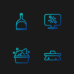 Set line Brush for cleaning, Basin with soap suds, Dustpan and Home service. Gradient color icons. Vector