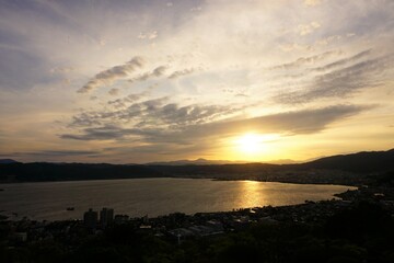 諏訪湖　夕日　立石公園