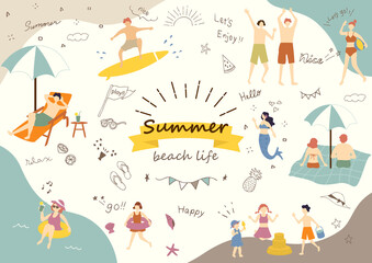 夏　海で遊ぶ人達　素材集