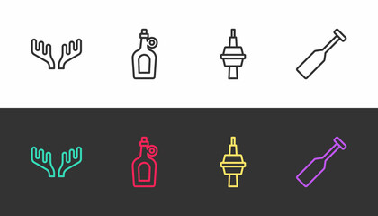 Set line Deer antlers, Bottle of maple syrup, TV CN Tower in Toronto and Paddle on black and white. Vector