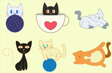 Adorable differents cats - vector line stroke