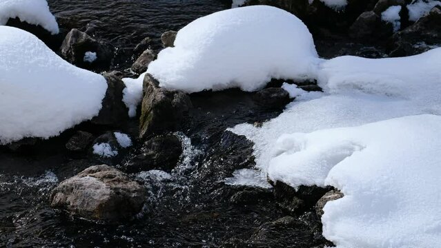 Video of Stones with snow caps and ice in the water of frozen river Pescherka near waterfall in winter season.  Russia