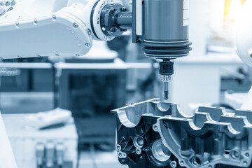 The automotive parts finishing process by milling spindle attached the robotics arm.