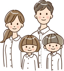 白いシャツを着た清潔感のある4人家族