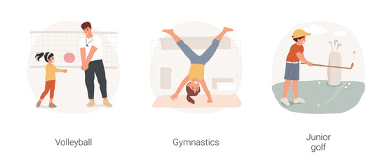 Sport electives for children isolated cartoon vector illustration set. Volleyball class, gymnastics for kids, junior golf club, child sport hobby, elementary school electives vector cartoon.