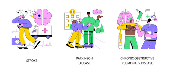 Senior people illness abstract concept vector illustration set. Stroke and parkinson disease tremor, chronic obstructive pulmonary disease, headache, shortness of breath, first aid abstract metaphor.