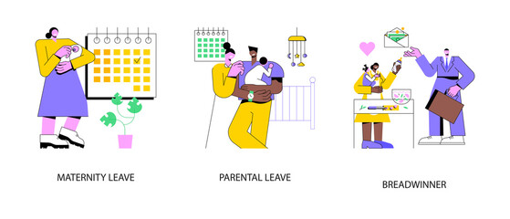 Care for children and family abstract concept vector illustration set. Maternity and parental leave, breadwinner, home office, pregnant woman, newborn child, family needs support abstract metaphor.