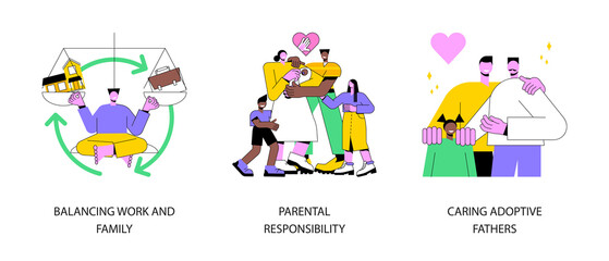 Happy family abstract concept vector illustration set. Balancing work and family, parental responsibility, caring adoptive fathers, social roles, foster care, time management abstract metaphor.