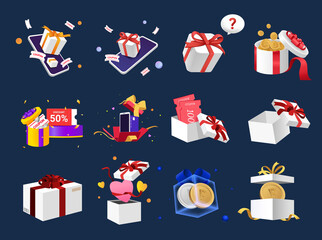 event gift box bundle illustration set. mobile phone, 3d, ribbon, present, coupon, coin. Vector drawing. Hand drawn style.