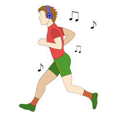 a man on a run listening to music with headphones. vector illustration on a white background.