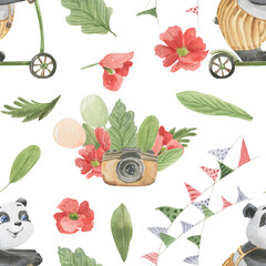 Fototapeta premium seamless pattern of watercolor items, panda on scooter, camera