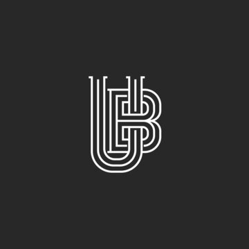 Initials letters UB or BU logo monogram, calligraphic combination two letters B and U thin parallel lines, refined feminine retro boutique emblem.
