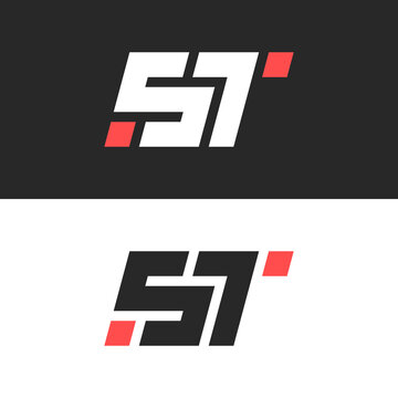 Tech logo, initials TS or ST letters monogram italic font monoline style, combination two black and white letters S and T with red squares geometric shape.