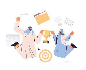 arab businesspeople holding golden trophy cup business competition challenge goal achievement leadership