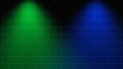 Empty brick wall with a green vs blue neon spotlight. Lighting effect green blue color glow on brick wall background. Royalty high-quality free stock of lights blank background for texture