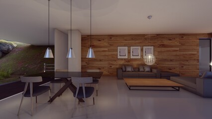 outdoor and interior view of luxury modern house 3d illustration