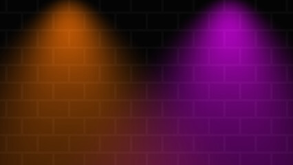 Empty brick wall with an orange vs purple neon spotlight. Lighting effect orange purple color glow on brick wall background. Royalty high-quality free stock of lights blank background for texture