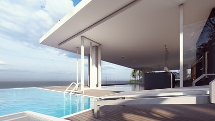 Fototapeta na wymiar sea view from swimming pool deck in expensive white house architecture design 3d illustration