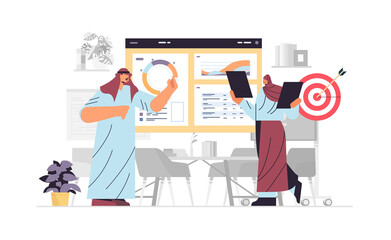 arab businesspeople analyzing statistics data on diagram business report presentation concept