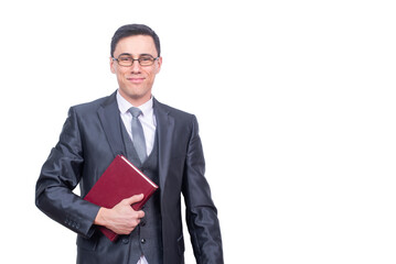 Cheerful man with book in light studio