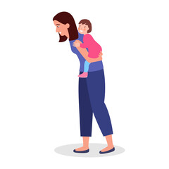 Mom carrying her daughter on back in flat design on white background.