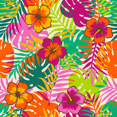 Colorful hibiscus flower with tropical leaf seamless pattern for summer holidays background. © NTRdesign