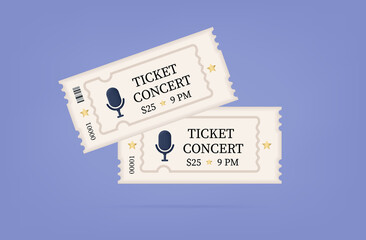 Fototapeta na wymiar Two concert tickets 3d. A paper pass to enter a park, club, cinema, theater, attraction, party or show. Access to view an entertainment event or event. Leisure concept, tickets with a barcode. Vector