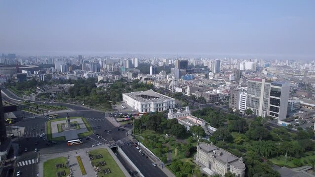 Aerial view of downtown Lima, the Luis Bedoya Reyes expressway and Plaza Miguel Grau. Peru.