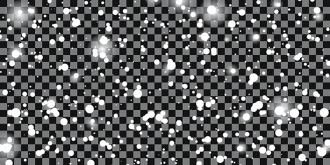 Vector falling snow overlay. Realistic shining snowfall background .