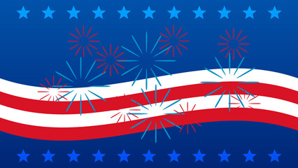 fireworks on blue background with star and white and red line for festive graphic design element