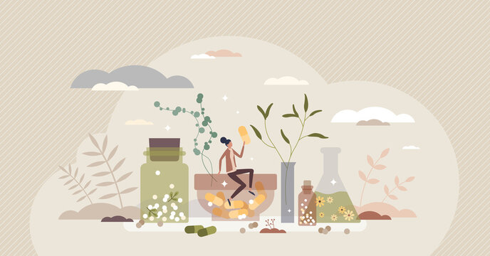 Homeopathy and herbal medicine using natural herb pills tiny person concept. Organic medication and disease cure with alternative healing vector illustration. Essential oils and plants treatment.