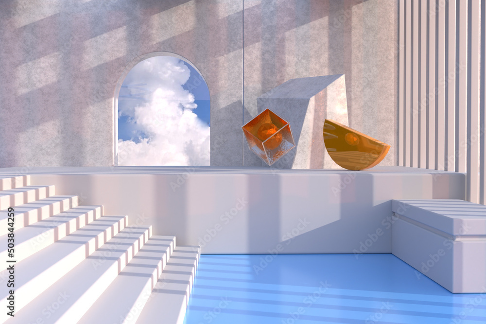 Poster empty room with door on blue cloud background - 3d rendering