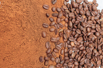 Ground coffee and coffee beans. Macro with full dept of field