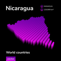 Nicaragua 3d map. Stylized neon simple digital isometric striped vector Nicaragua map is in violet colors on black background