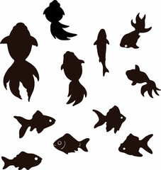 金魚　きんぎょ　魚　シルエット　影絵　切り絵　夏　手描き　アナログ　イラスト素材セット
