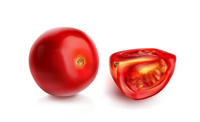 Tomato cherry, juicy red tomatoes whole and slice, realistic vector illustration isolated on white background. Chopped pomodoro, raw organic vegetable