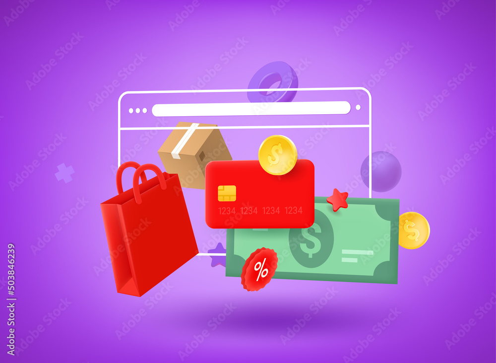 Poster making purchases via internet browser. shopping concept. 3d vector illustration
