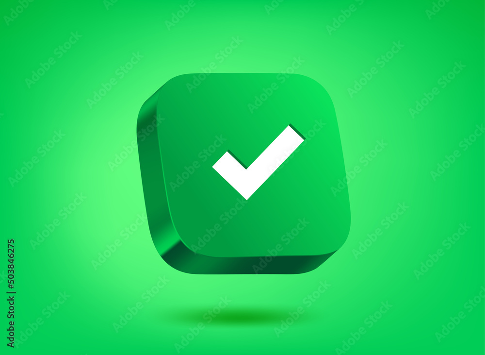 Poster green button with check mark on green background. 3d vector illustration