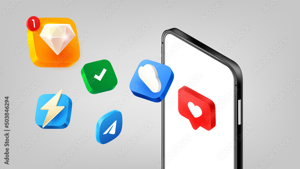 Poster mobile application icons with modern smartphone. 3d vector illuistration