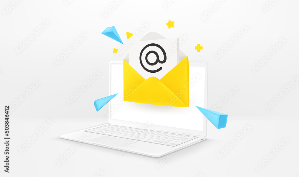 Poster sending and receiving email via internet. 3d vector illustration