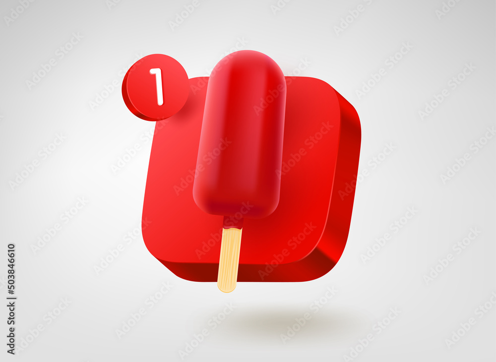 Fototapete red ice cream button. 3d vector mobile application icon