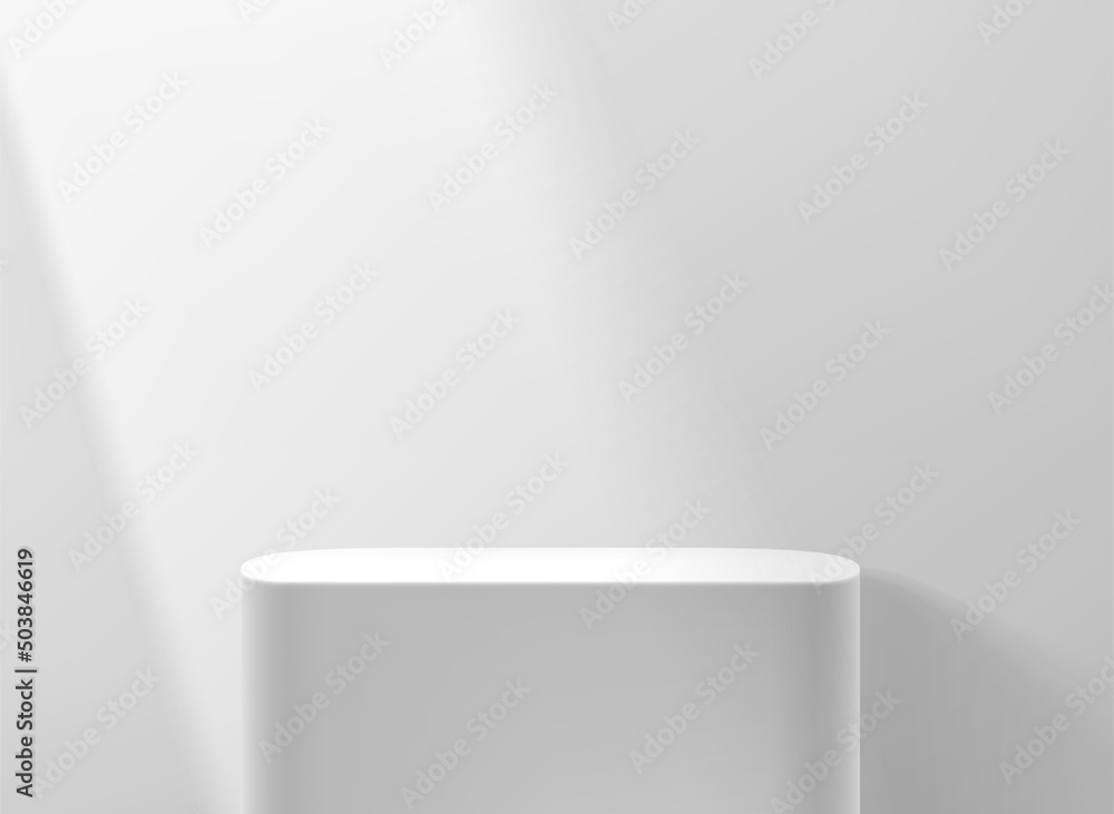Poster bright empty room with sunlight and podium. showcase with shadow overlay effect